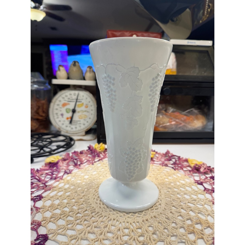 Vintage Milk Glass Footed Trumpet Vase Embossed Paneled Grape White 8.5 Inch
